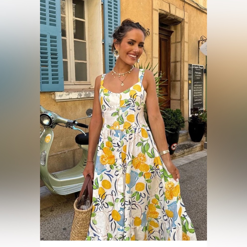 ZARA LEMON PRINTED LINEN BLEND MIDI DRESS WIDE STRAPS SS24
